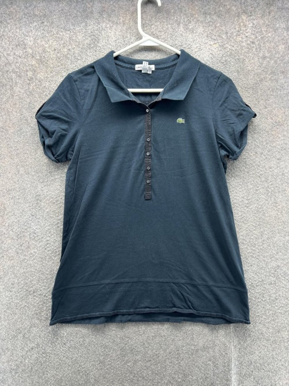 Lacoste Polo Shirt Women 42 Black Short Sleeve Button Front Logo Cotton Casual